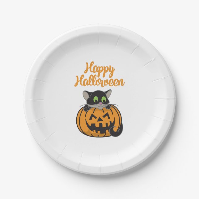 Happy Halloween Cat Pumpkin Paper Plate (Front)