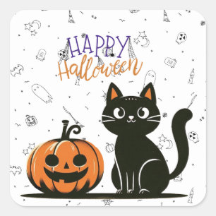 Happy Halloween cat & pumpkin Square Sticker