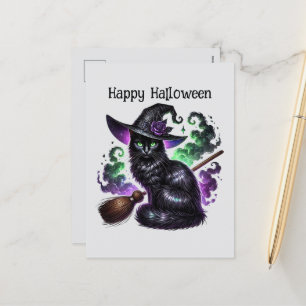 Happy Halloween cat spell books Holiday Postcard