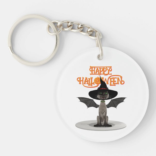 Happy Halloween. Cat with wings and witch's hat Keychain (Front)