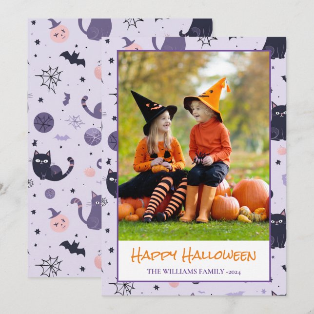 Happy Halloween cats purple Photo Holiday Card (Front/Back)