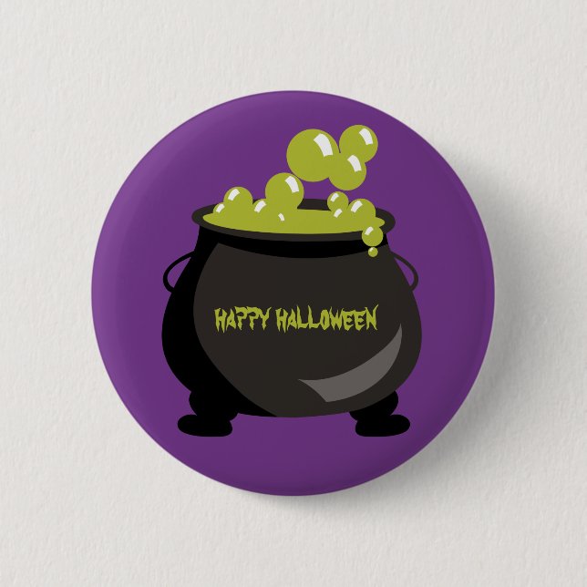 Happy Halloween Cauldron Green Potion Purple 2 Inch Round Button (Front)