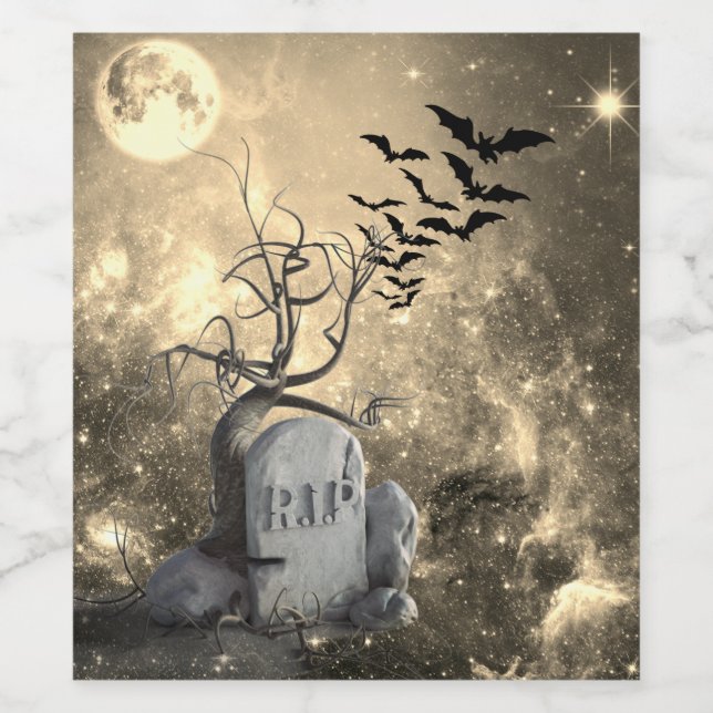 Happy Halloween Cemetery Bats Full Moon RIP Wine Label (Single Label)