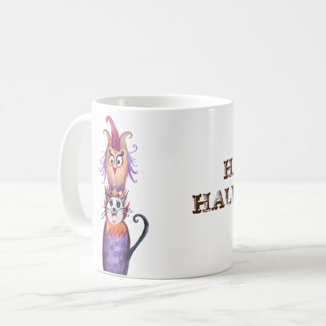 Happy Halloween Chat & Chouette Art Custom Mug (Devant gauche)