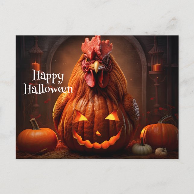 Happy Halloween Chicken Rooster Pumpkin Farm Paper Postcard (Front)