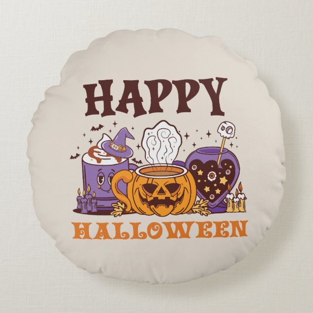 Happy Halloween Coffee Brew Round Pillow (Front)
