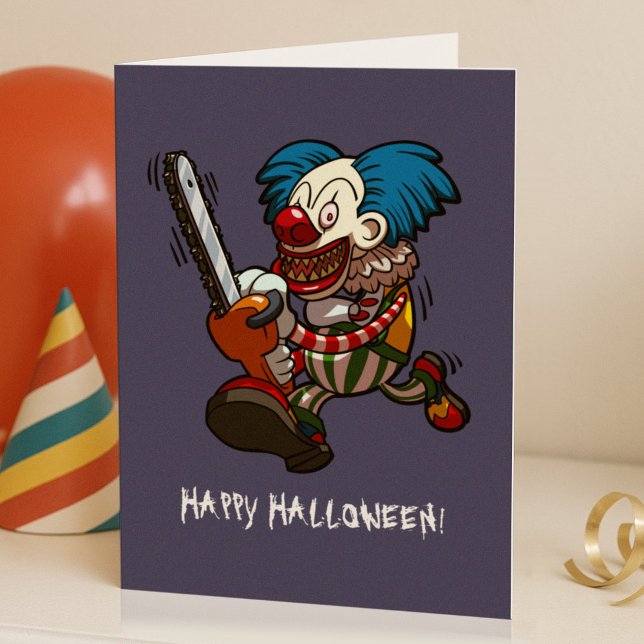 Happy Halloween Colourful Chainsaw Clown Cartoon Card (Creator Uploaded)