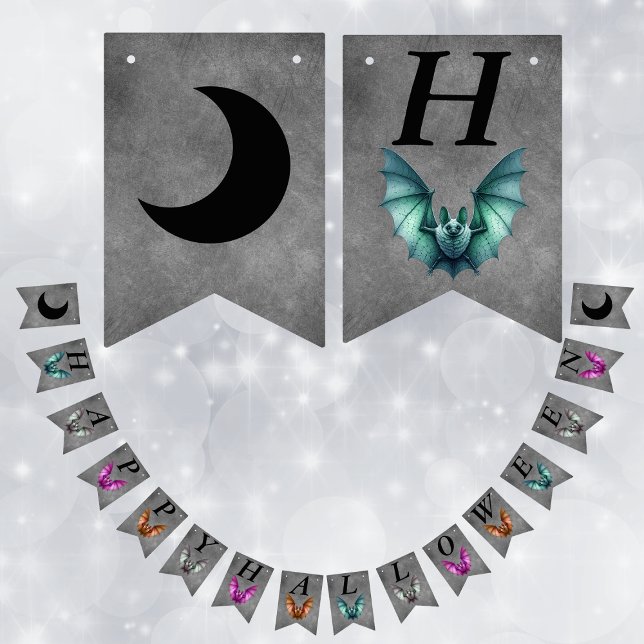 Happy Halloween Colourful Flying Bats Dark Grey Bunting Flags (Flying Gothic bats in various vibrant colours on grey Happy Halloween flag banner decoration.)