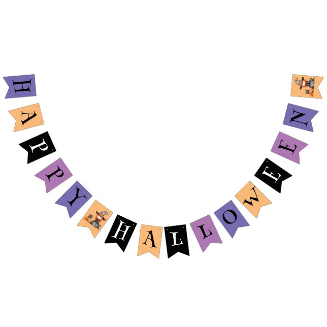 Happy Halloween | Colourful Witch & Black Cat Bunting Flags (All)