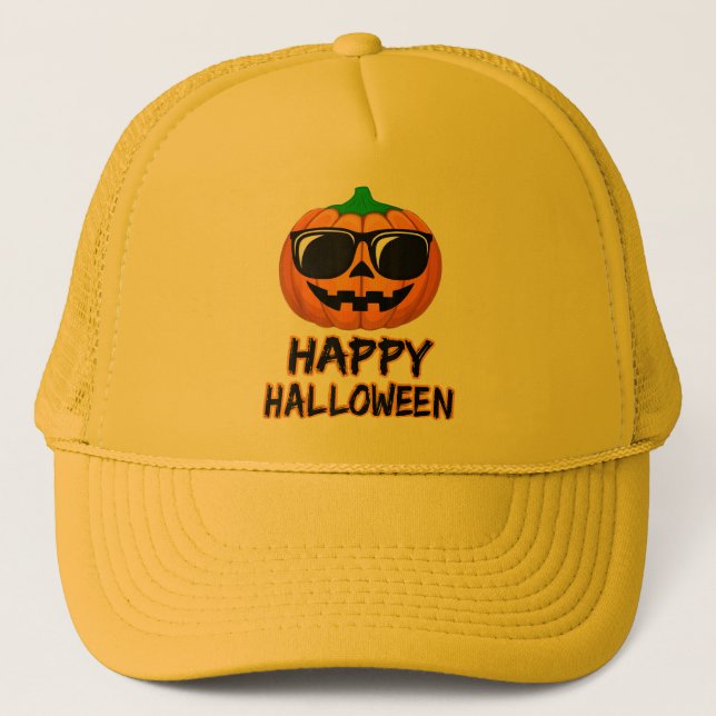 Happy Halloween Costume Funny Pumpkin Trucker Hat (Front)