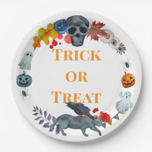 Happy Halloween Costume Party Pumpkin and Ghosts   Paper Plate