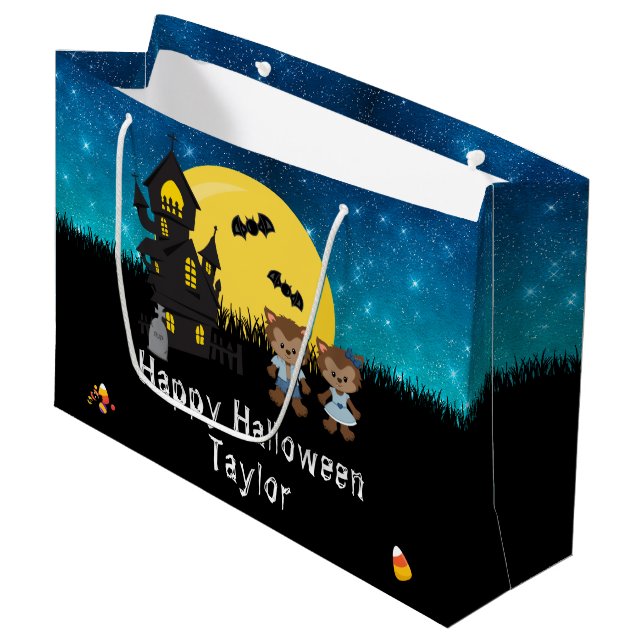 Happy Halloween Costume Party Werewolf Blue Large Gift Bag (Front Angled)