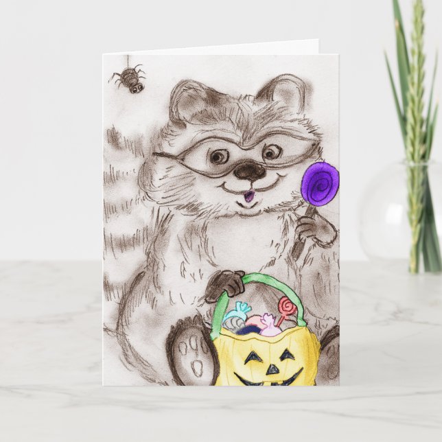 Happy Halloween Costumed Raccoon Card (Front)
