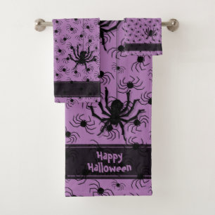 Happy Halloween Creepy Crawly Spiders Purple BG Bath Towel Set