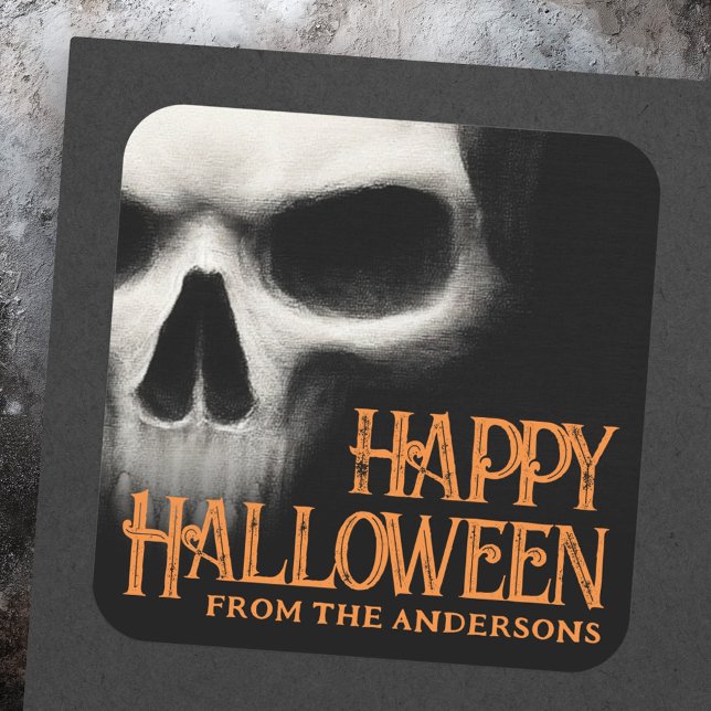 Happy Halloween creepy ghost skull black orange Square Sticker (Happy Halloween creepy ghost skull black orange Square Sticker)