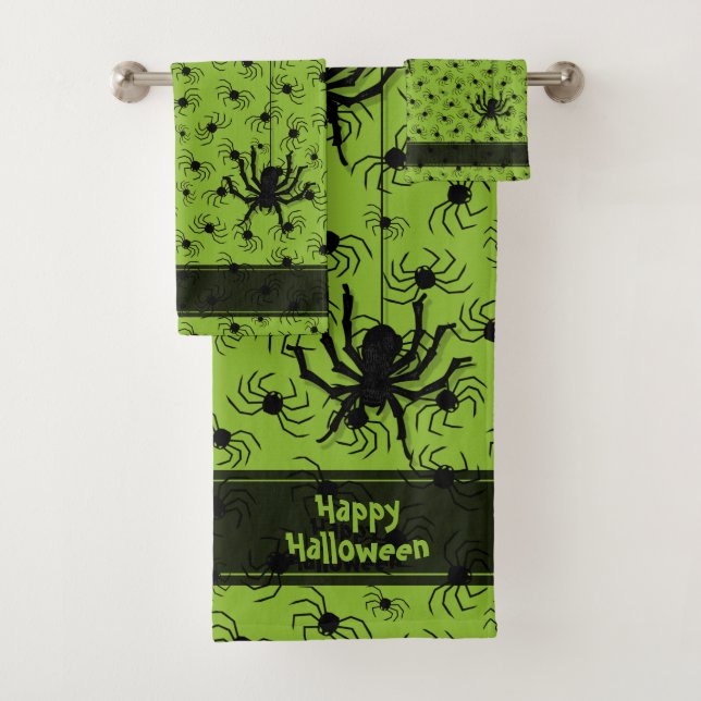 Happy Halloween Creepy  Spider Silhouettes Green  Bath Towel Set (Insitu)
