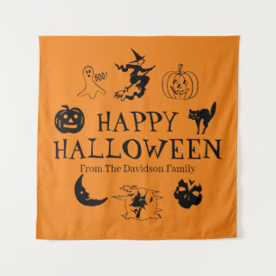 Happy Halloween custom name black and orange Tapestry