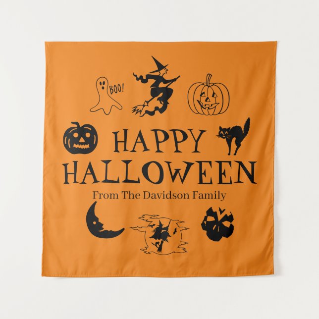 Happy Halloween custom name black and orange Tapestry (Front)