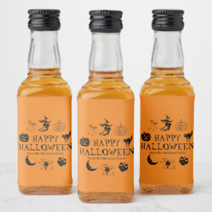 Happy Halloween custom name black & orange spooky Liquor Bottle Label
