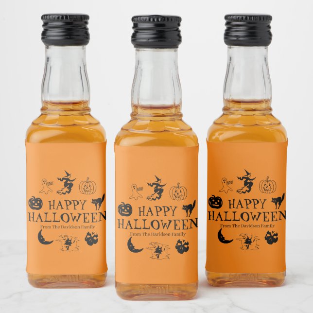 Happy Halloween custom name black & orange spooky Liquor Bottle Label (Bottles)