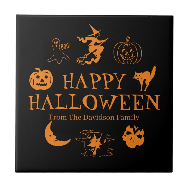 Happy Halloween custom name black orange spooky Tile (Front)