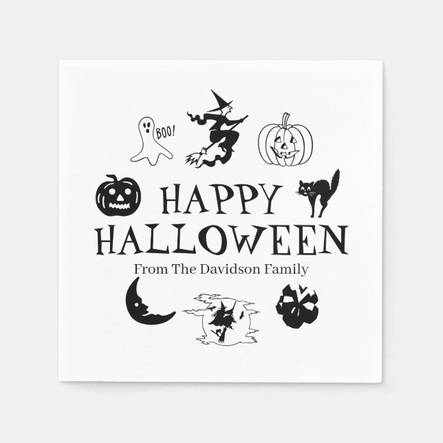Happy Halloween custom name black white spooky Napkin (Front)