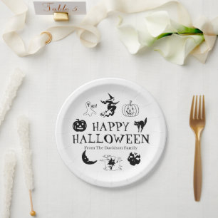 Happy Halloween custom name black white spooky Paper Plate