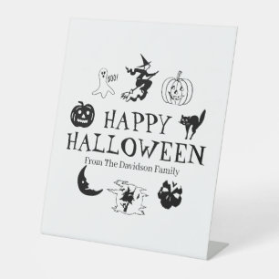 Happy Halloween custom name black white spooky Pedestal Sign