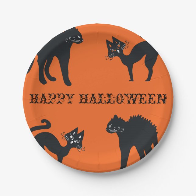 Happy Halloween Custom Paper Plates Black Cats (Front)