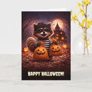 Happy Halloween Cute and Fun Raccoon Trick Treatin Card