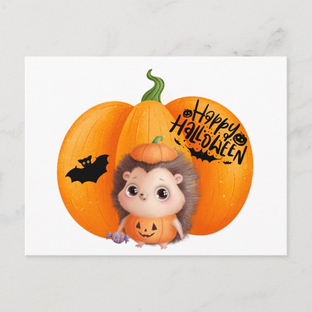 Happy Halloween Cute Baby Hedgehog and Pumpkin Postcard (Front)