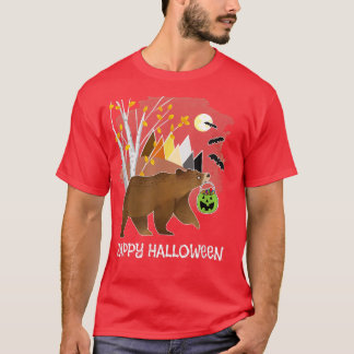 Happy Halloween Cute Bear Mountains Birch Trees Fa T-Shirt