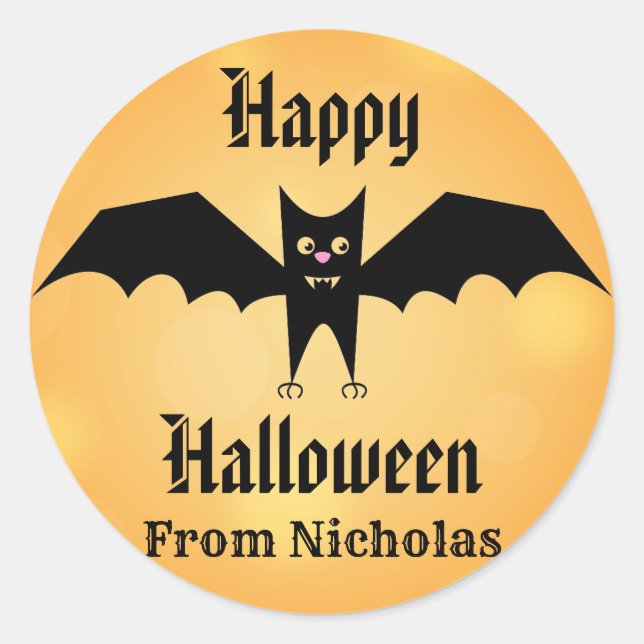 Happy Halloween Cute Black Bat Personalized Classic Round Sticker (Front)