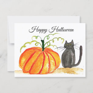 Happy Halloween Cute Black Cat Orange Pumpkin Postcard