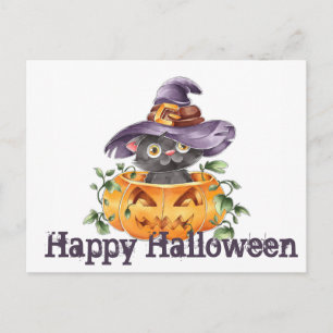 Happy Halloween Cute Black Cat, Pumpkin and Hat Postcard