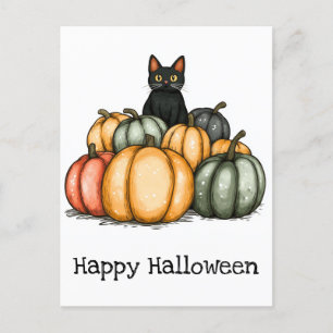Happy Halloween Cute Black Cat Pumpkins Postcard