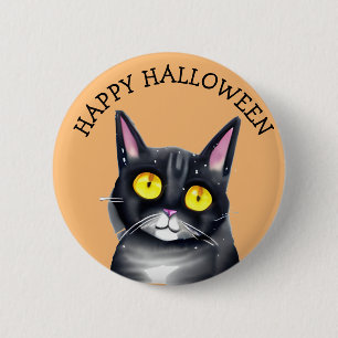 Happy Halloween Cute Black Cat Yellow Eyes 2 Inch Round Button