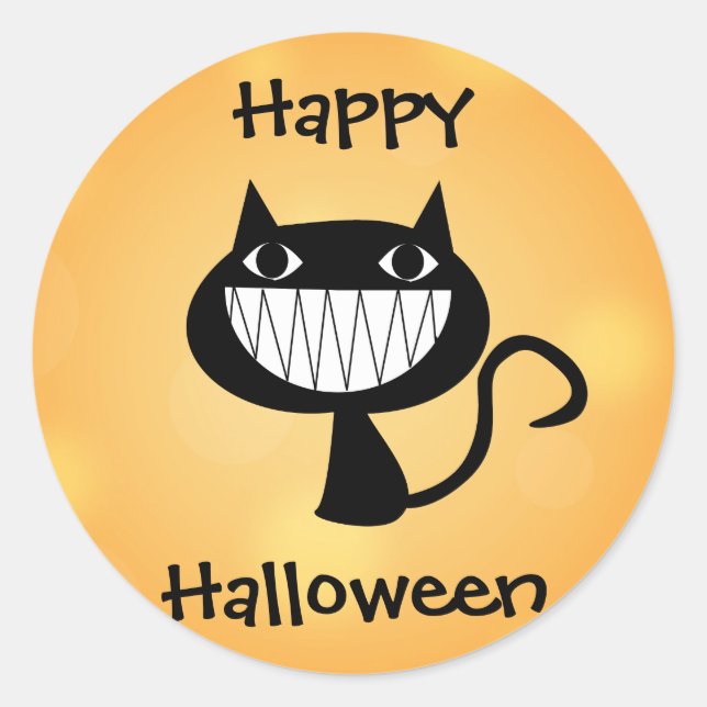 Happy Halloween Cute Cartoon Black Cat Orange Classic Round Sticker (Front)