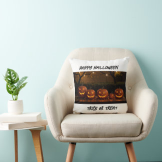 Happy Halloween, Cute Carved Pumpkins Throw Pillow