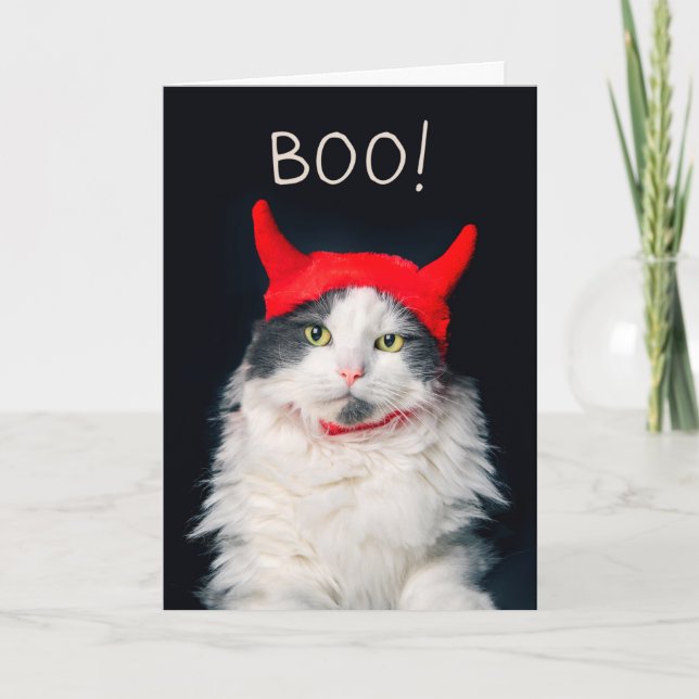 Happy Halloween Cute Cat in Devil Costume Holiday Card (Front)