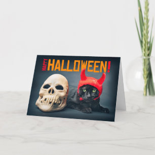 Happy Halloween Cute Cat in Devil Costume Holiday Card
