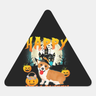 Happy Halloween Cute Corgi Witch Pumpkin Ghost Triangle Sticker