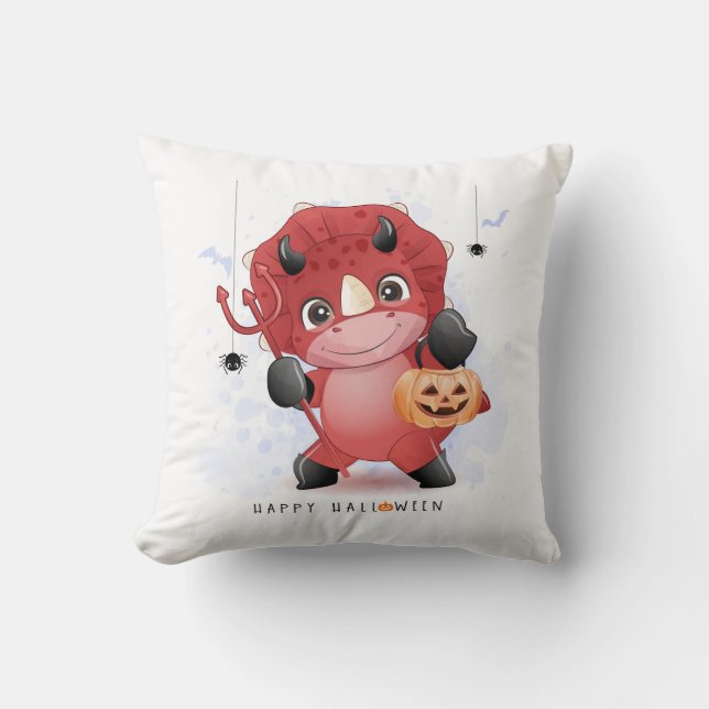 Happy Halloween Cute Dinosaur Pumpkin Spider Bats Throw Pillow (Front)