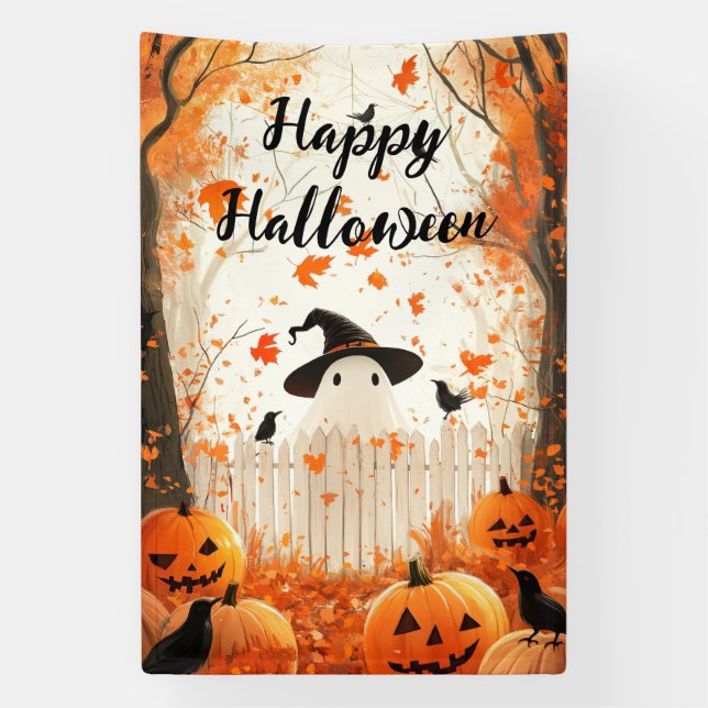 Happy Halloween Cute Ghost and Pumpkins Banner (Vertical)