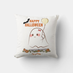 Happy Halloween Cute Ghost Holding A Balloon Name Throw Pillow