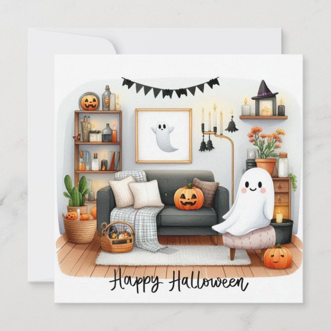 Happy Halloween Cute Ghost in His House  Holiday Card (Front)