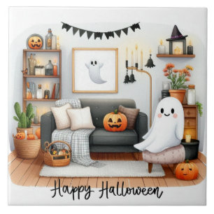 Happy Halloween Cute Ghost in His House Tile