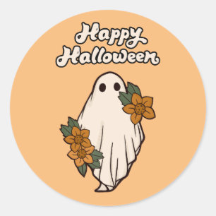 Happy Halloween Cute Ghost with Flowers Classic Round Sticker