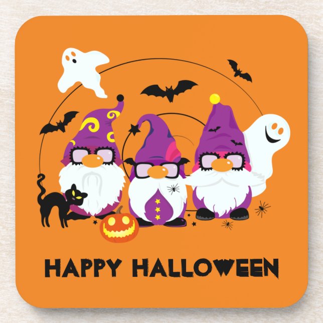 Happy Halloween Cute Gnomes and Ghosts Spooky Coaster (Front)