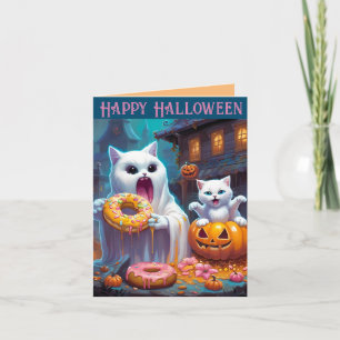 Happy Halloween -Cute Kitten and Ghost eat Doughnu Note Card